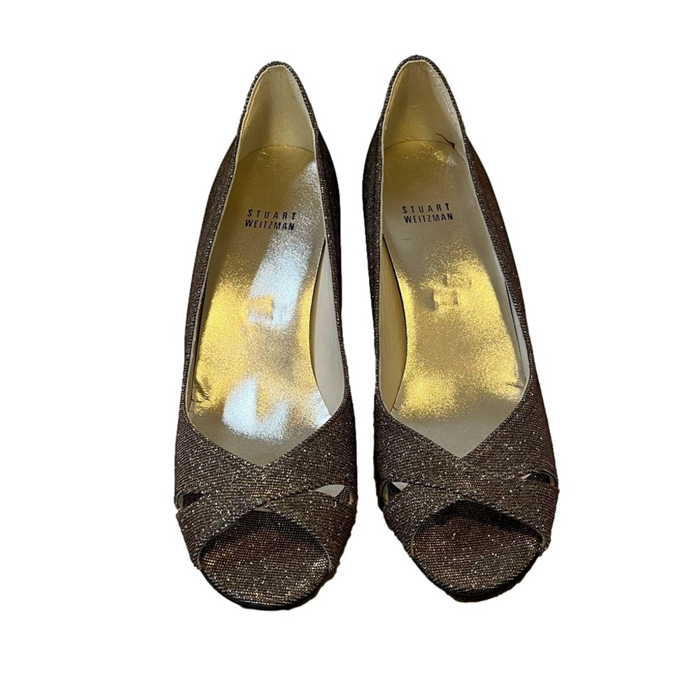 STUART WEITZMAN Peep Toe Heels in Glitter Silver Black Gold Glitter Size 9